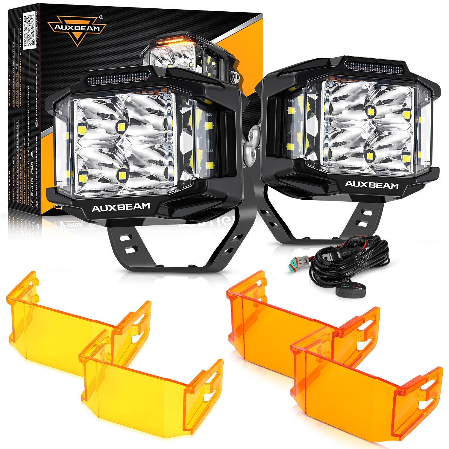 Auxbeam V-MAX Series 4" Square LED Pod Lights – 92W, 8,960LM, Spot Beam, Amber DRL