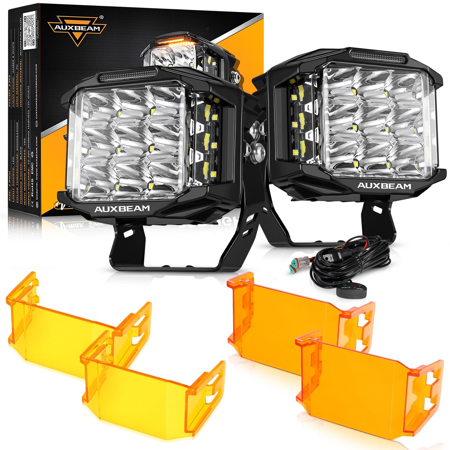 Auxbeam V-MAX Series 5" Square LED Pod Lights – 168W, 16,440LM, Spot Beam, Amber DRL