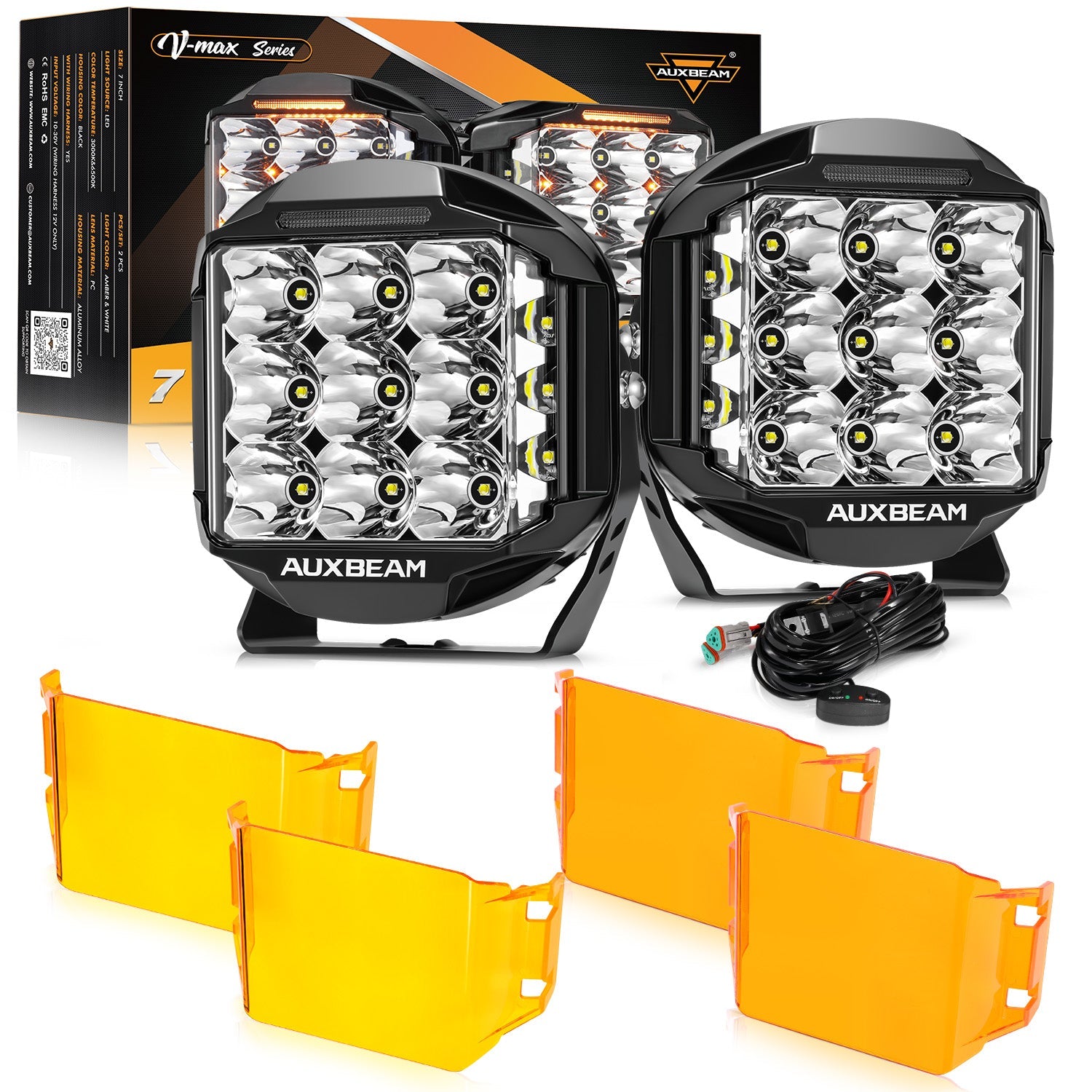 Auxbeam V-MAX Series 7" LED Driving Lights – 228W, 26,100LM, Spot Beam Side Shooter, Amber DRL & Backlight