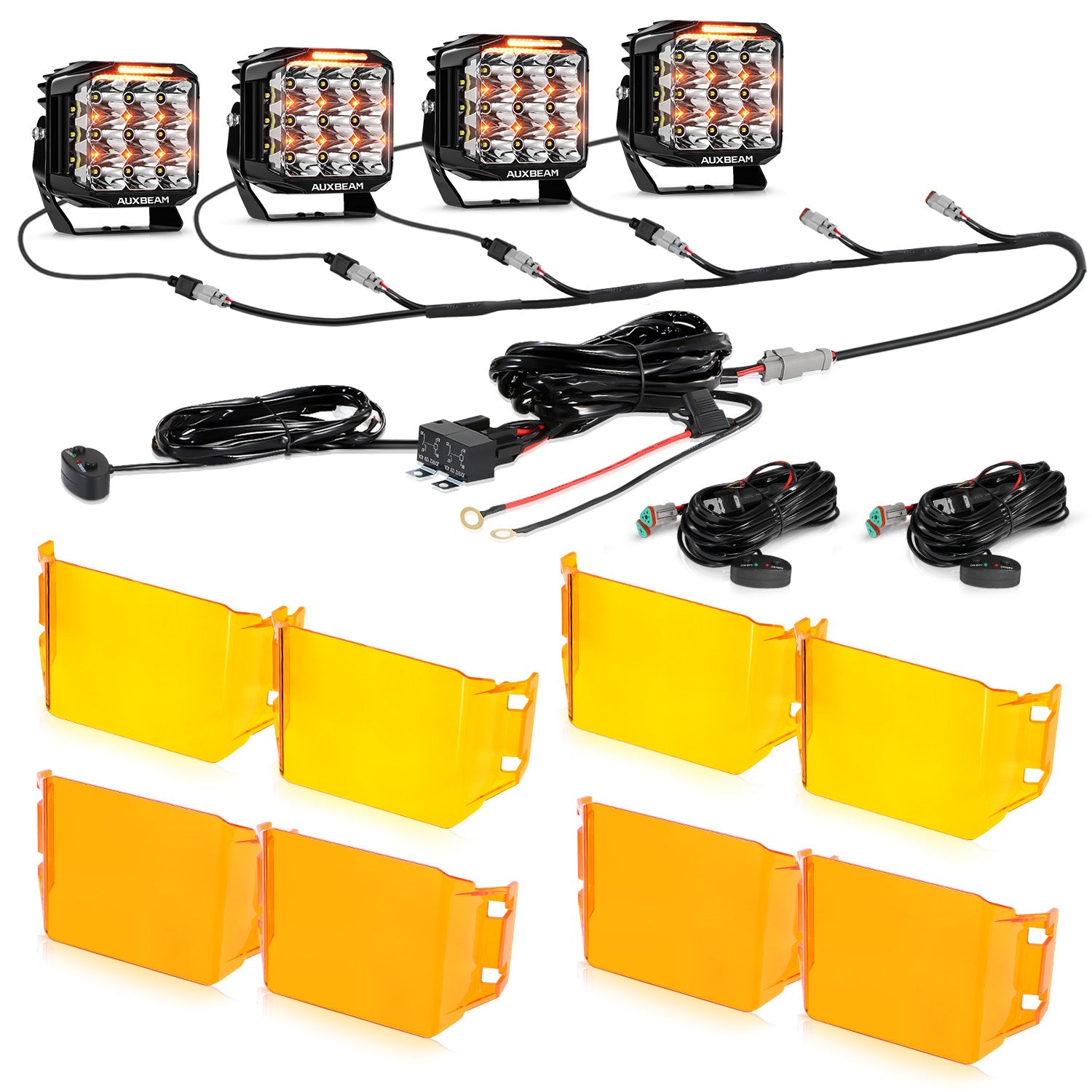 Auxbeam V-MAX Series 7" Square LED Pod Lights – 228W, 26,100LM, Spot Beam Side Shooter, Amber DRL & Backlight
