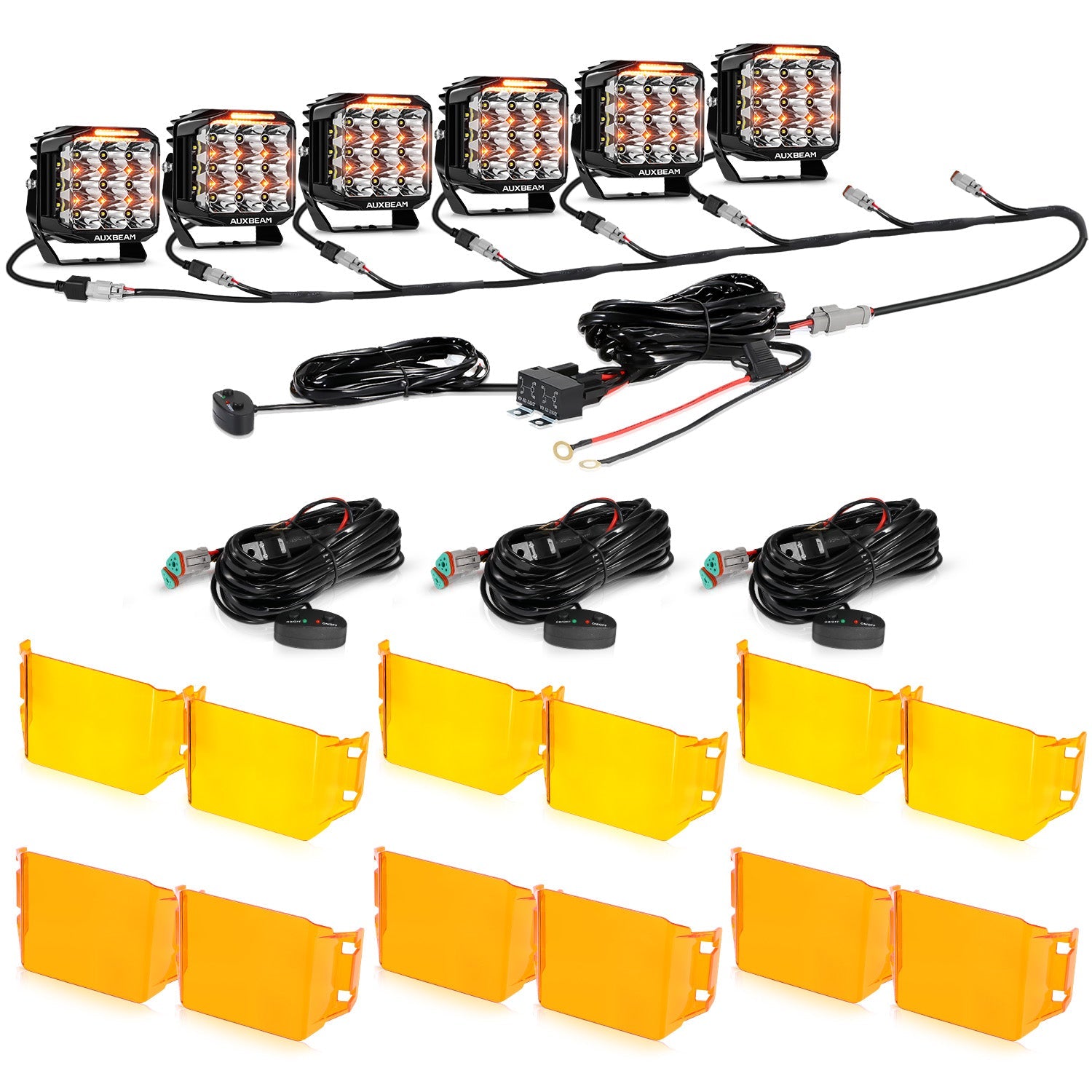 Auxbeam V-MAX Series 7" Square LED Pod Lights – 228W, 26,100LM, Spot Beam Side Shooter, Amber DRL & Backlight