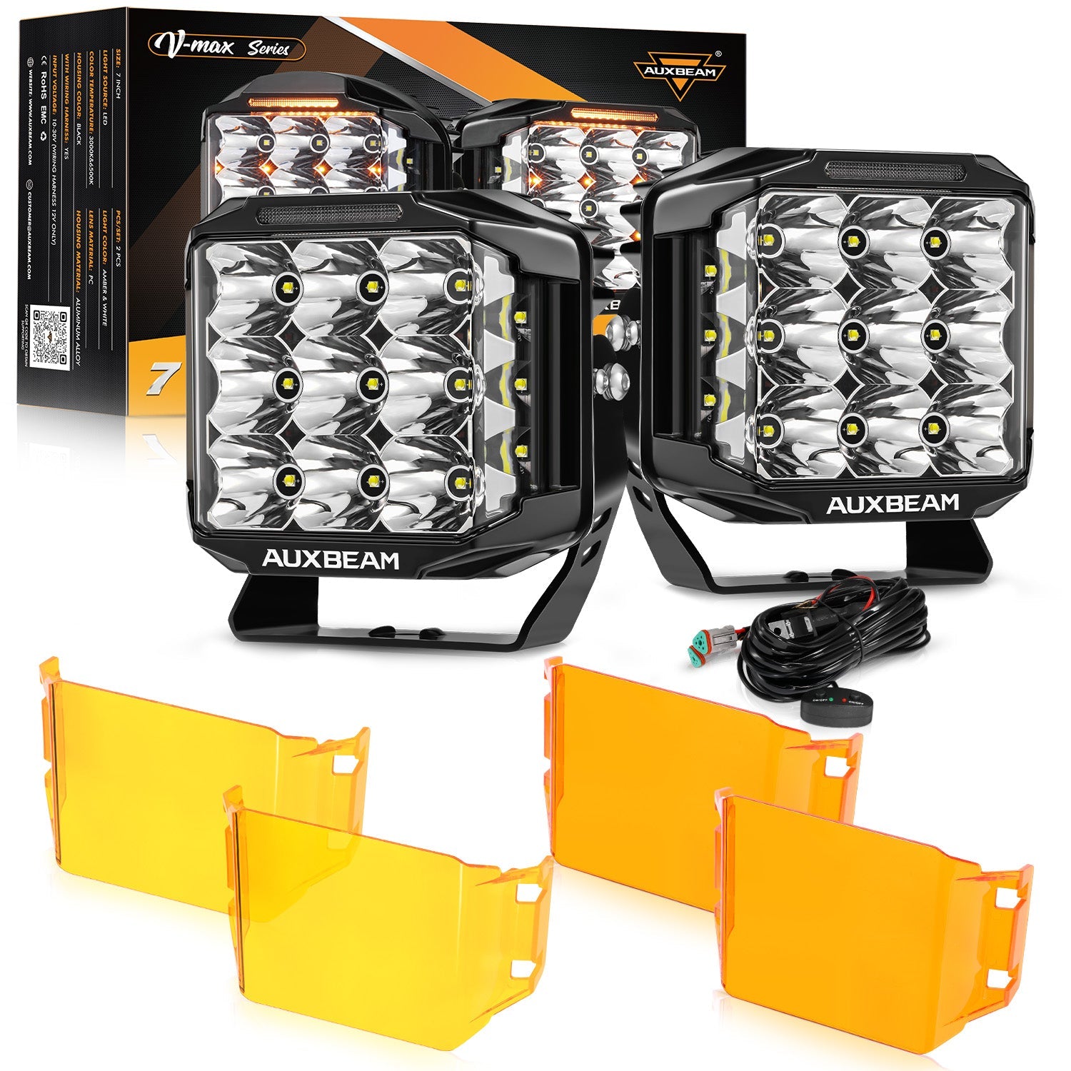 Auxbeam V-MAX Series 7" Square LED Pod Lights – 228W, 26,100LM, Spot Beam Side Shooter, Amber DRL & Backlight