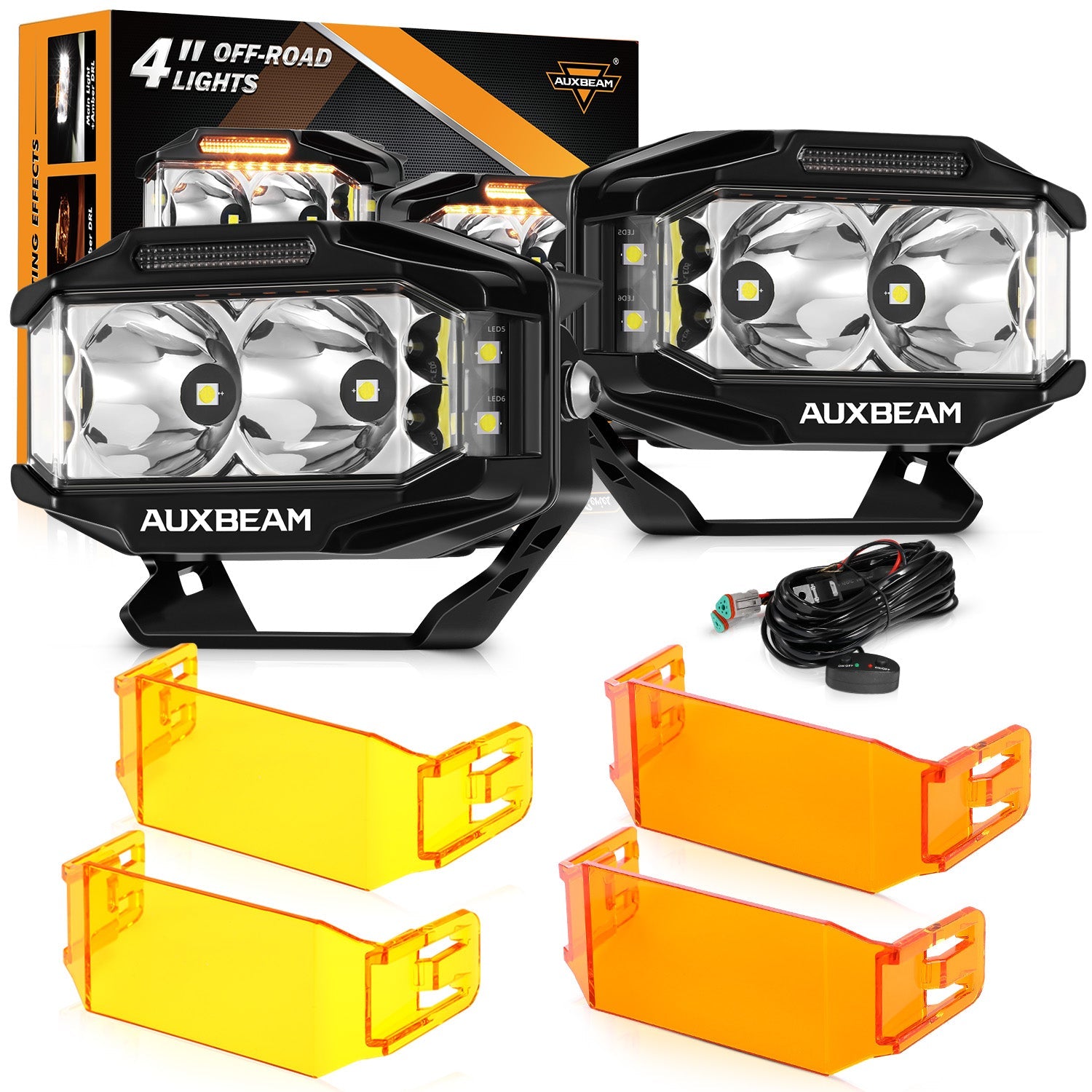 Auxbeam V-MAX Series 4" Rectangular LED Pod Lights – 72W, 6,960LM, Spot Beam Side Shooter, Amber DRL
