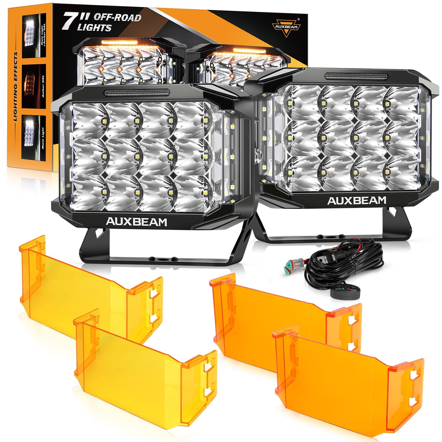 Auxbeam V-MAX Series 7x5" Rectangle LED Driving Lights – 228W, 26,100LM, Spot Beam Side Shooter, Amber DRL & Backlight