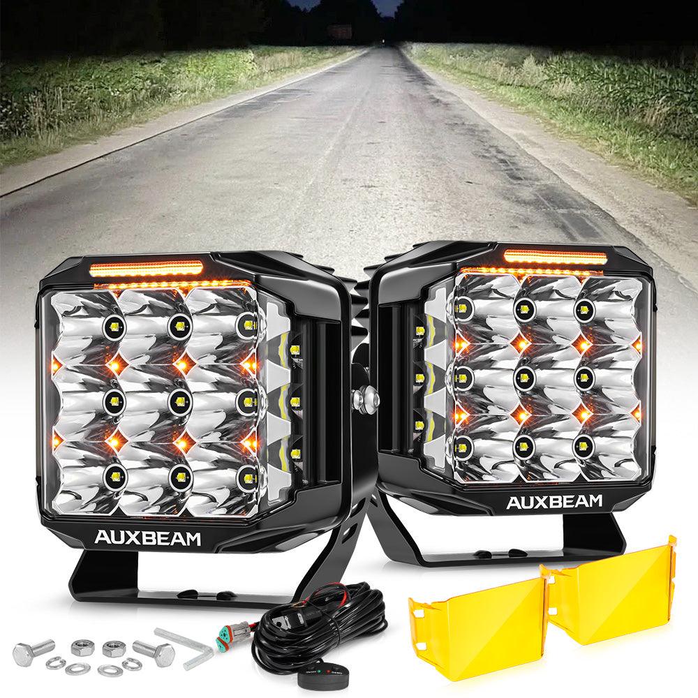 Auxbeam V-MAX Series 7" Square LED Pod Lights – 228W, 26,100LM, Spot Beam Side Shooter, Amber DRL & Backlight