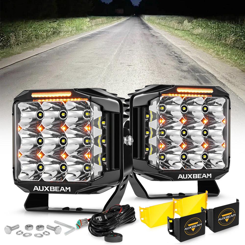Auxbeam V-MAX Series 7" Square LED Pod Lights – 228W, 26,100LM, Spot Beam Side Shooter, Amber DRL & Backlight