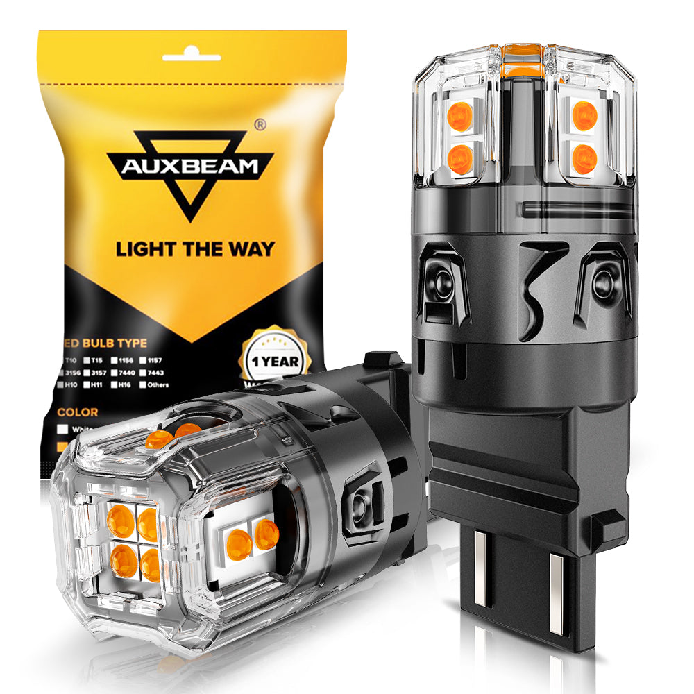 Auxbeam T25 / 3157 / 3156 LED Turn Signal Bulbs – B52 Series, Front/Rear & Side Marker Lights, 13W, 500% Brighter, 3000K Amber, CAN-Bus Error-Free (2 Pack)