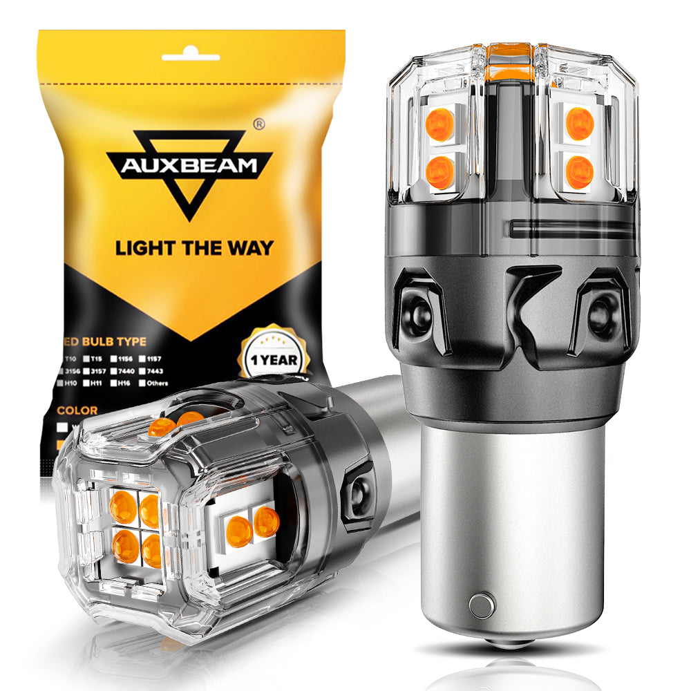 Auxbeam BAU15S / 7507 LED Turn Signal Bulbs – B52 Series, Front/Rear & Side Marker Lights, 13W, 500% Brighter, 3000K Amber, CAN-Bus Error-Free (2 Pack)