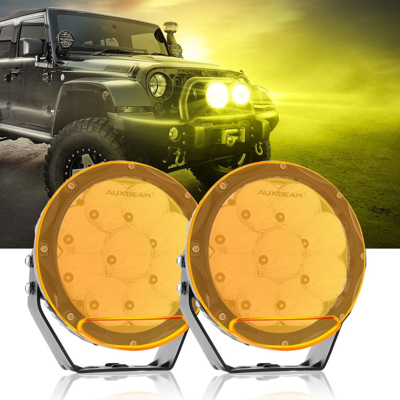 Auxbeam 7" 90W Round LED Driving Lights – Spot Beam, SAE Compliant, Off-Road, Amber/Black Covers Optional (2 Pack)