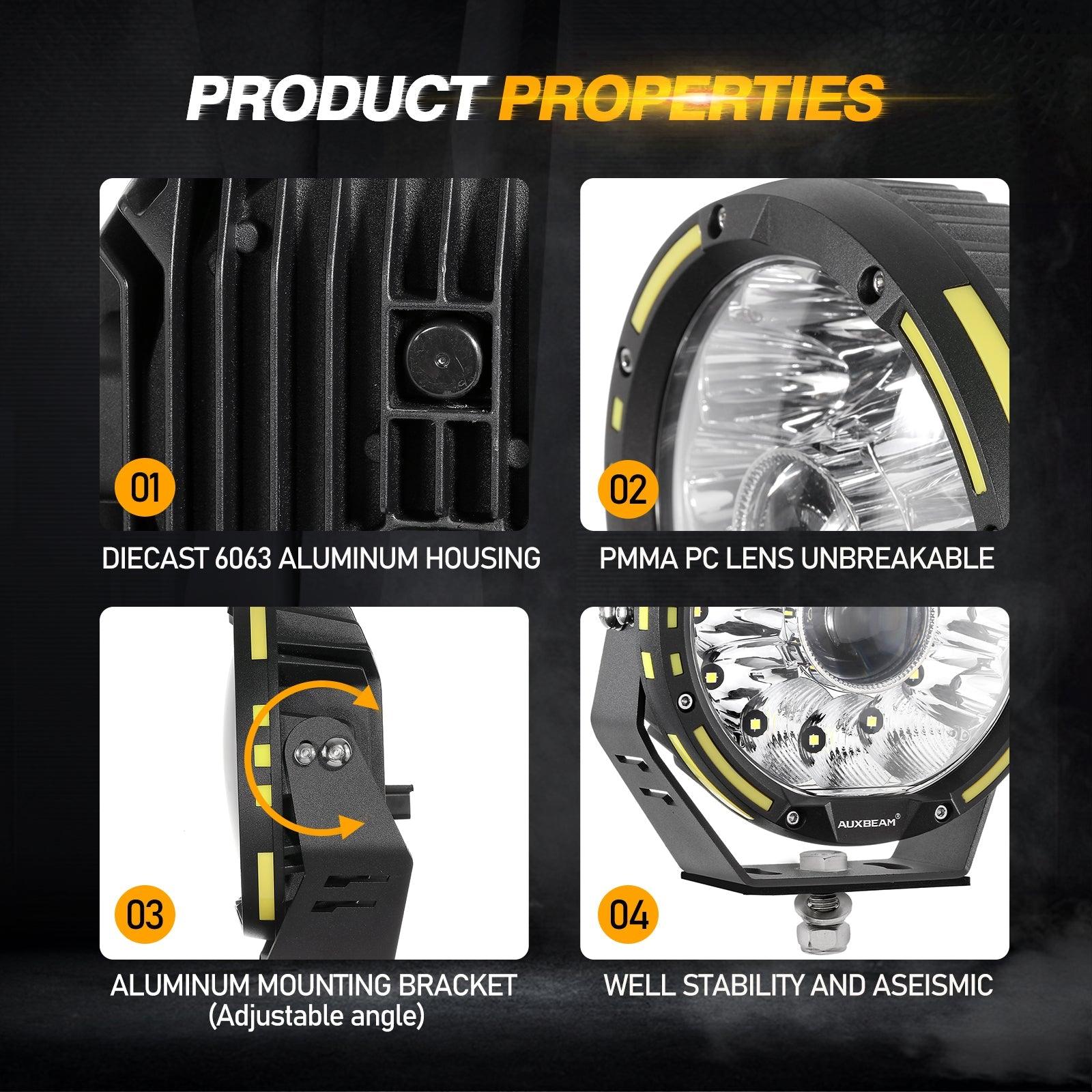 Auxbeam 360-PRO Series 7" LED Driving Lights – 230W, 33,332LM, Amber/Black Covers (Optional) (2-Pack)