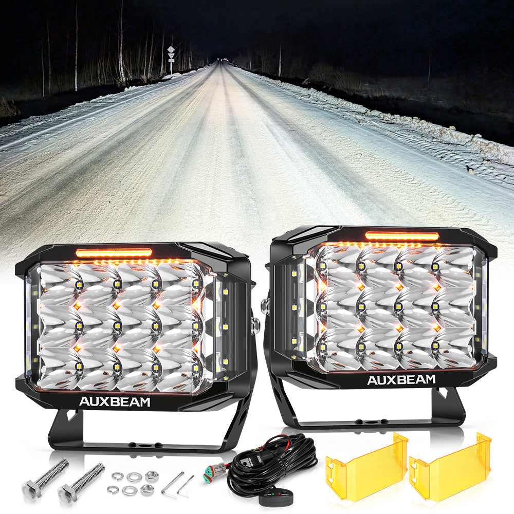 Auxbeam V-MAX Series 7x5" Rectangle LED Driving Lights – 228W, 26,100LM, Spot Beam Side Shooter, Amber DRL & Backlight