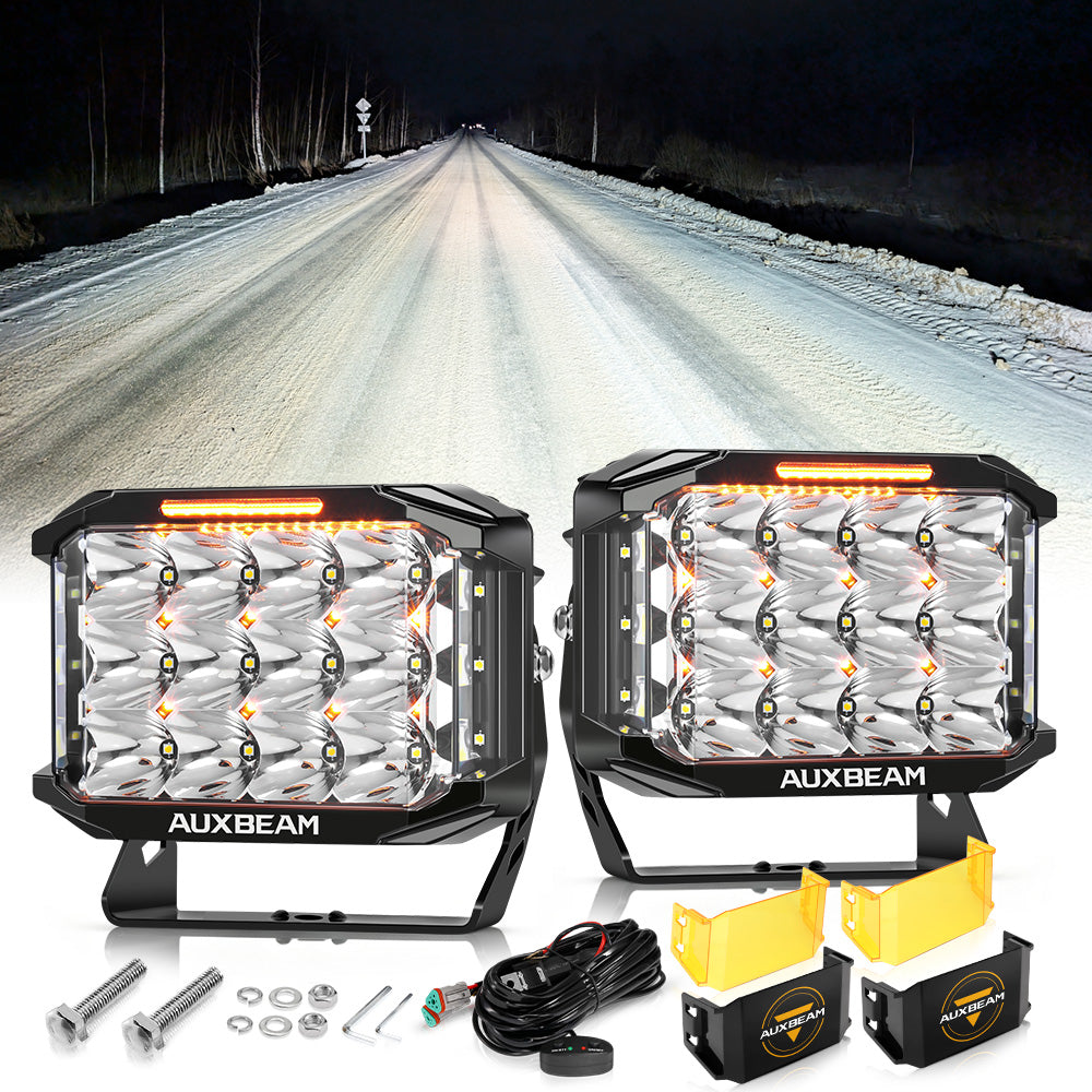 Auxbeam V-MAX Series 7x5" Rectangle LED Driving Lights – 228W, 26,100LM, Spot Beam Side Shooter, Amber DRL & Backlight