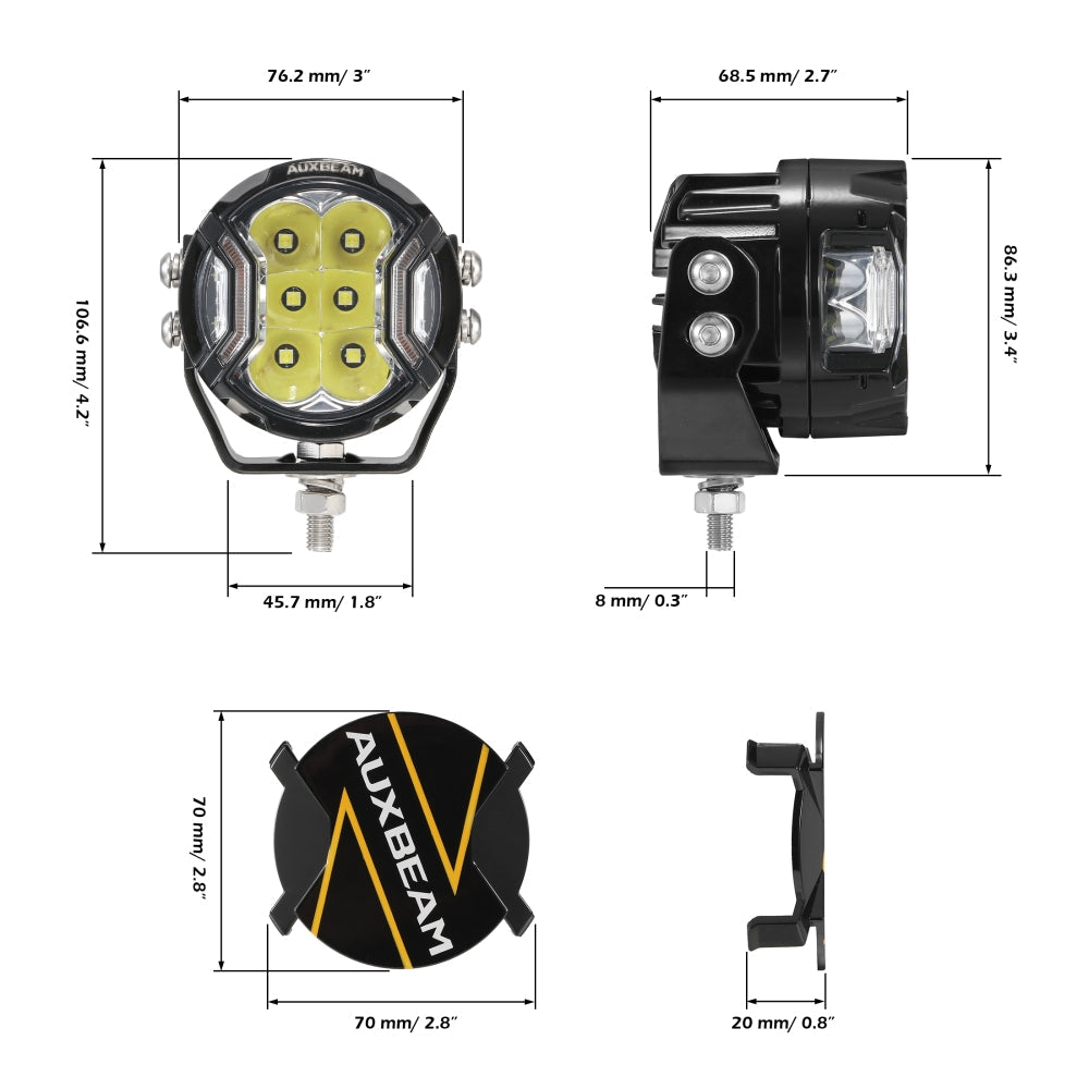 Auxbeam V-ULTRA Series 3" LED Side Shooter Pods – 108W, White, Amber DRL