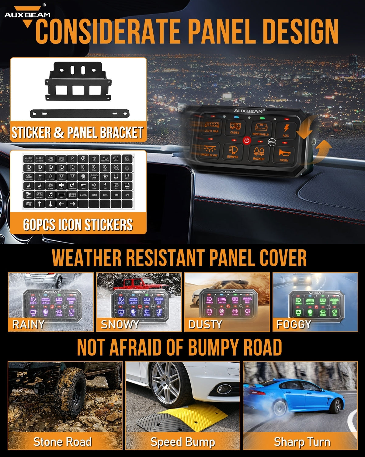 Auxbeam RGB Series RA80 XL 8-Gang Switch Panel – Larger Size, Toggle/Momentary/Pulsed Modes