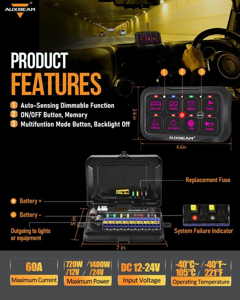 Auxbeam AR Series AR-800 8-Gang RGB Switch Panel – App Control, Toggle/Momentary/Pulsed, One-Sided Outlet