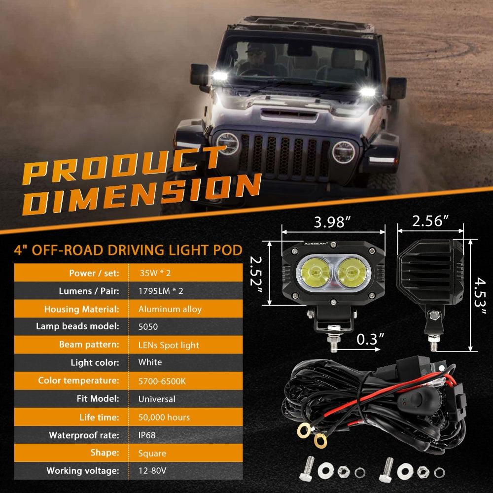 Auxbeam R4 Series 4" LED Pod Lights – 60W, White Flood Beam