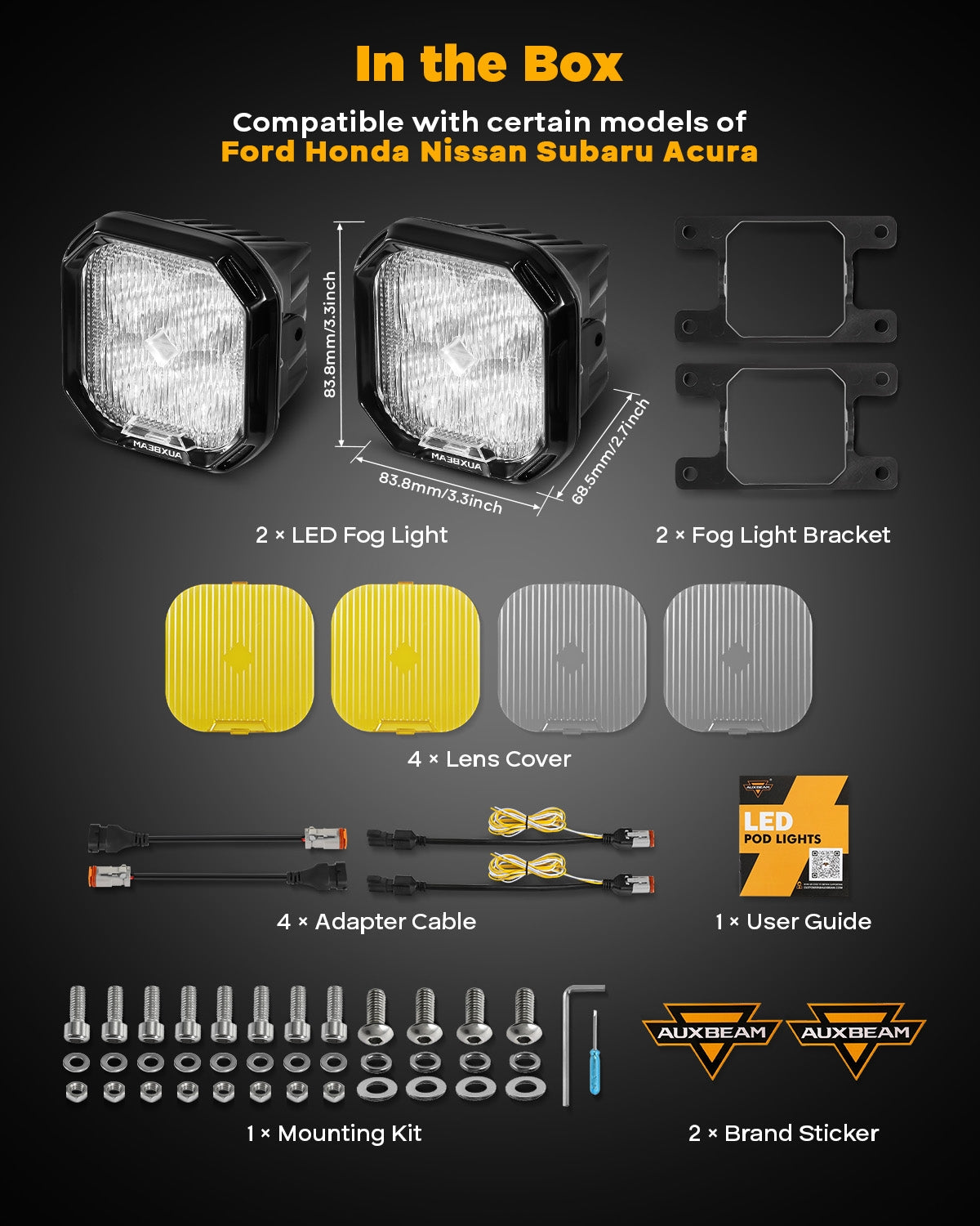 Auxbeam Color Play Series 3" LED Fog Light Kit – Fits Honda Accord, CR-V, CR-Z, Civic