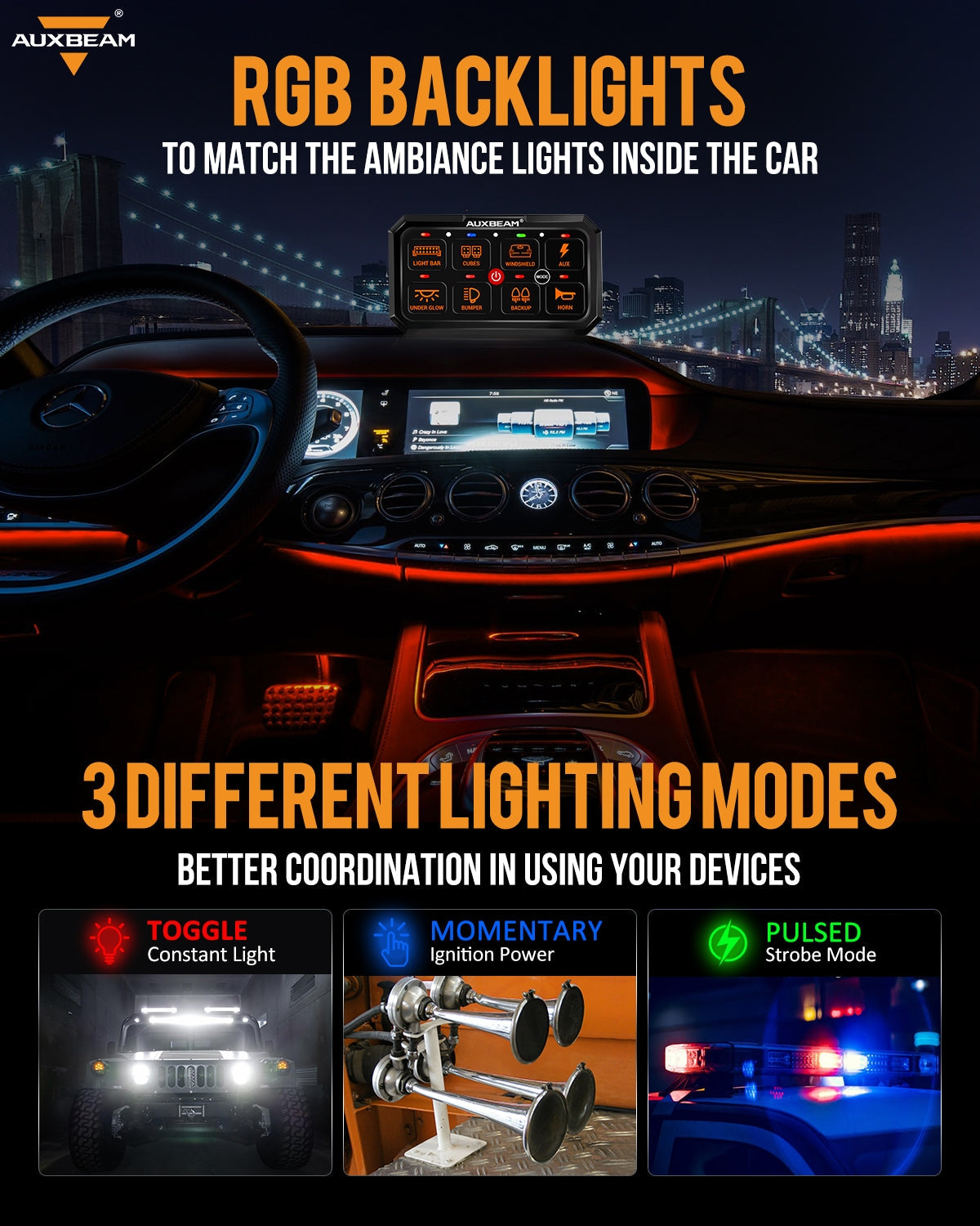 Auxbeam RGB Series RA80 XL 8-Gang Switch Panel – Larger Size, Toggle/Momentary/Pulsed Modes
