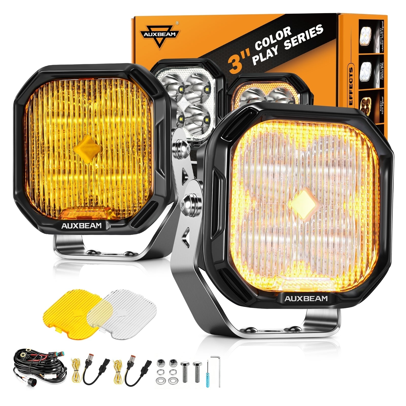 Auxbeam Color Play Series 3" LED Fog Lights – 100W, White DRL & Amber Turn Signal
