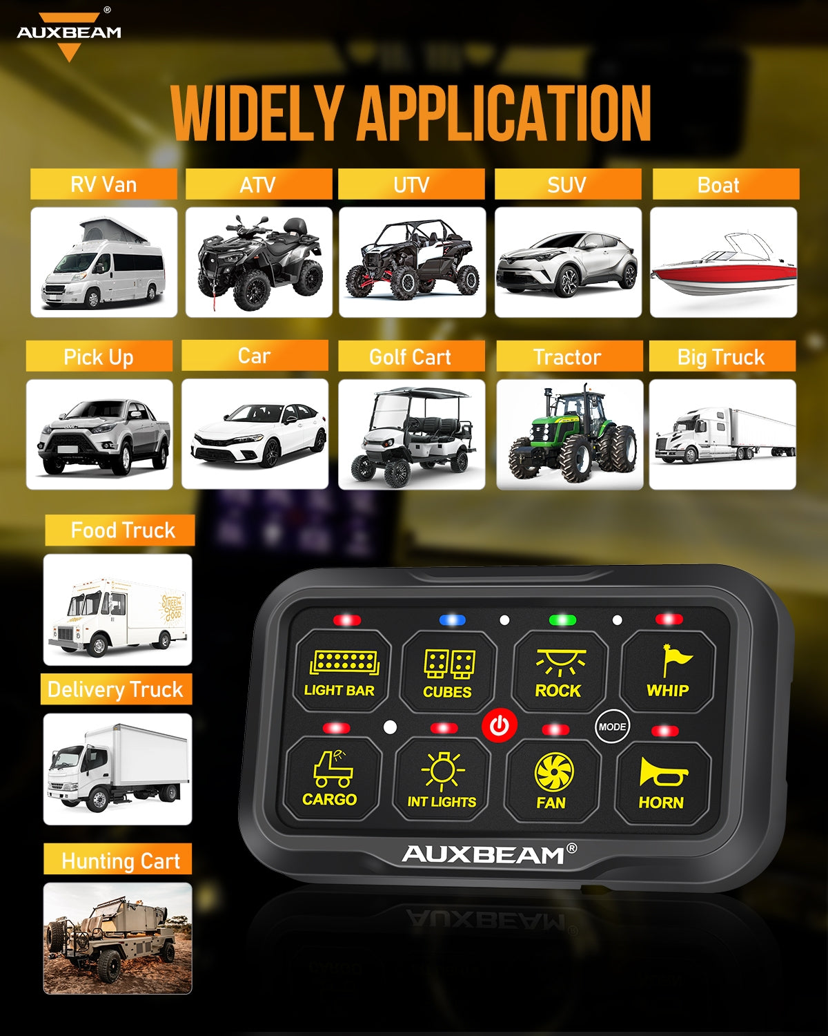 Auxbeam AR Series AR-820 8-Gang RGB Switch Panel – App Control, Toggle/Momentary/Pulsed, Two-Sided Outlet