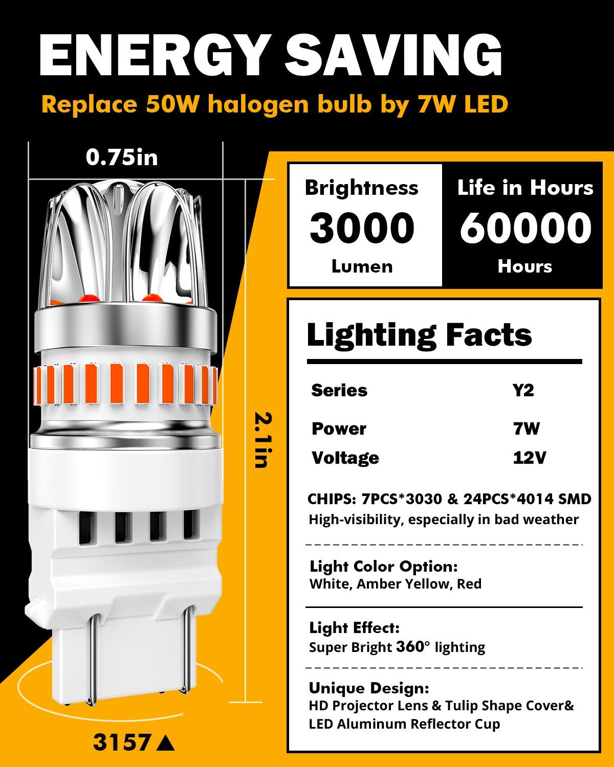 Auxbeam T25 / 3157 / 3156 LED Brake & Tail Light Bulbs – Y2 Series, 14W, 6000LM, Red, CAN-Bus Error-Free (2 Pack)