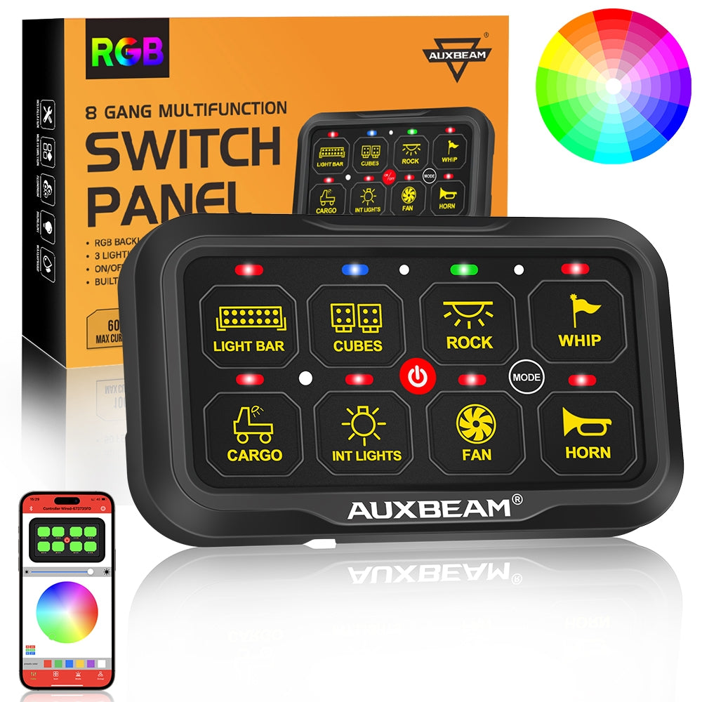 Auxbeam AR Series AR-820 8-Gang RGB Switch Panel – App Control, Toggle/Momentary/Pulsed, Two-Sided Outlet