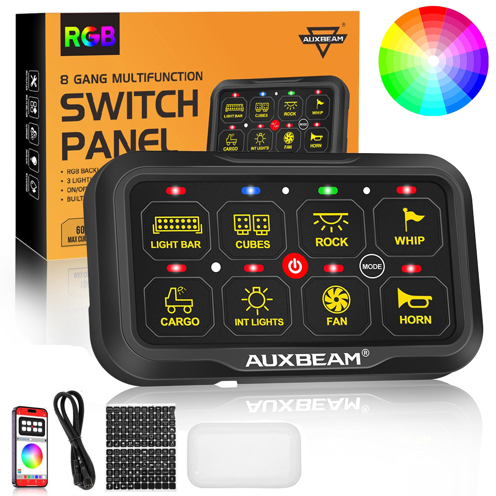 Auxbeam AR Series AR-820 8-Gang RGB Switch Panel – App Control, Toggle/Momentary/Pulsed, Two-Sided Outlet