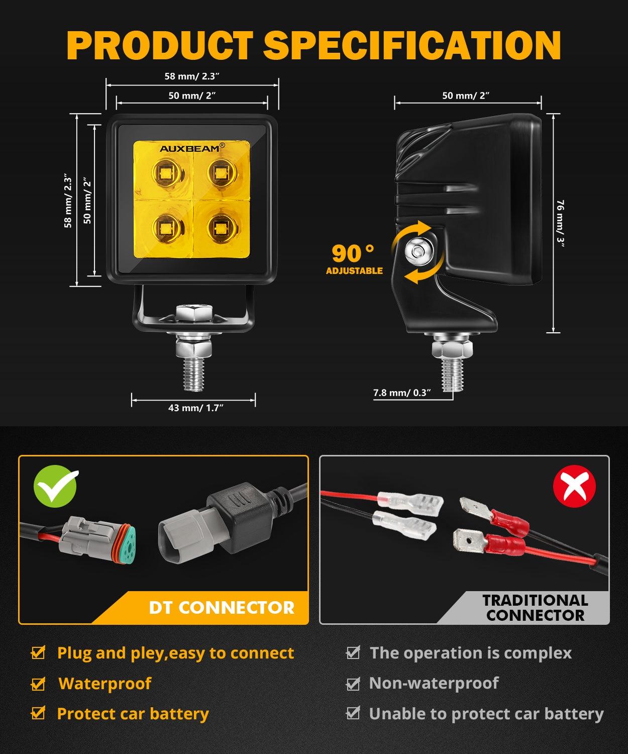 Auxbeam 2" LED Pod Light – 40W, 4,000LM, Amber Spot Beam