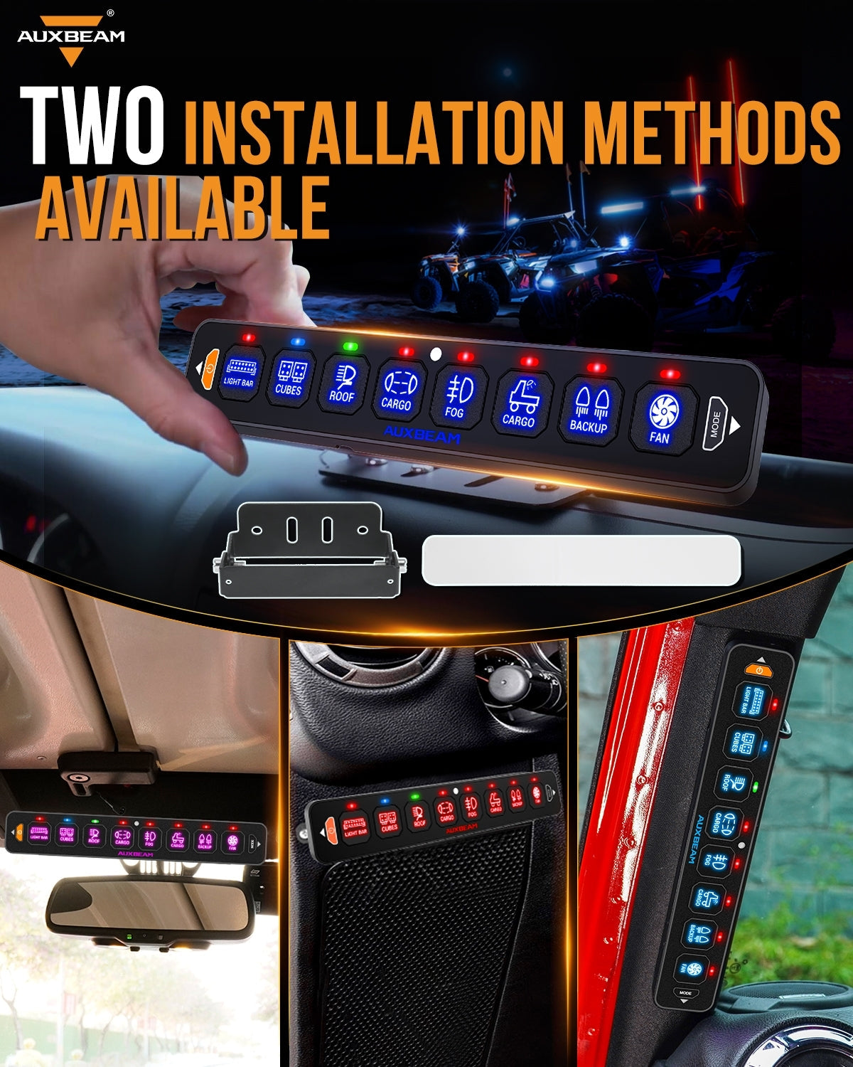 Auxbeam AS Series 8 Gang (AS-R80) RGB Slim Switch Panel, Toggle/ Momentary/ Pulsed Mode Supported(One-Sided Outlet)