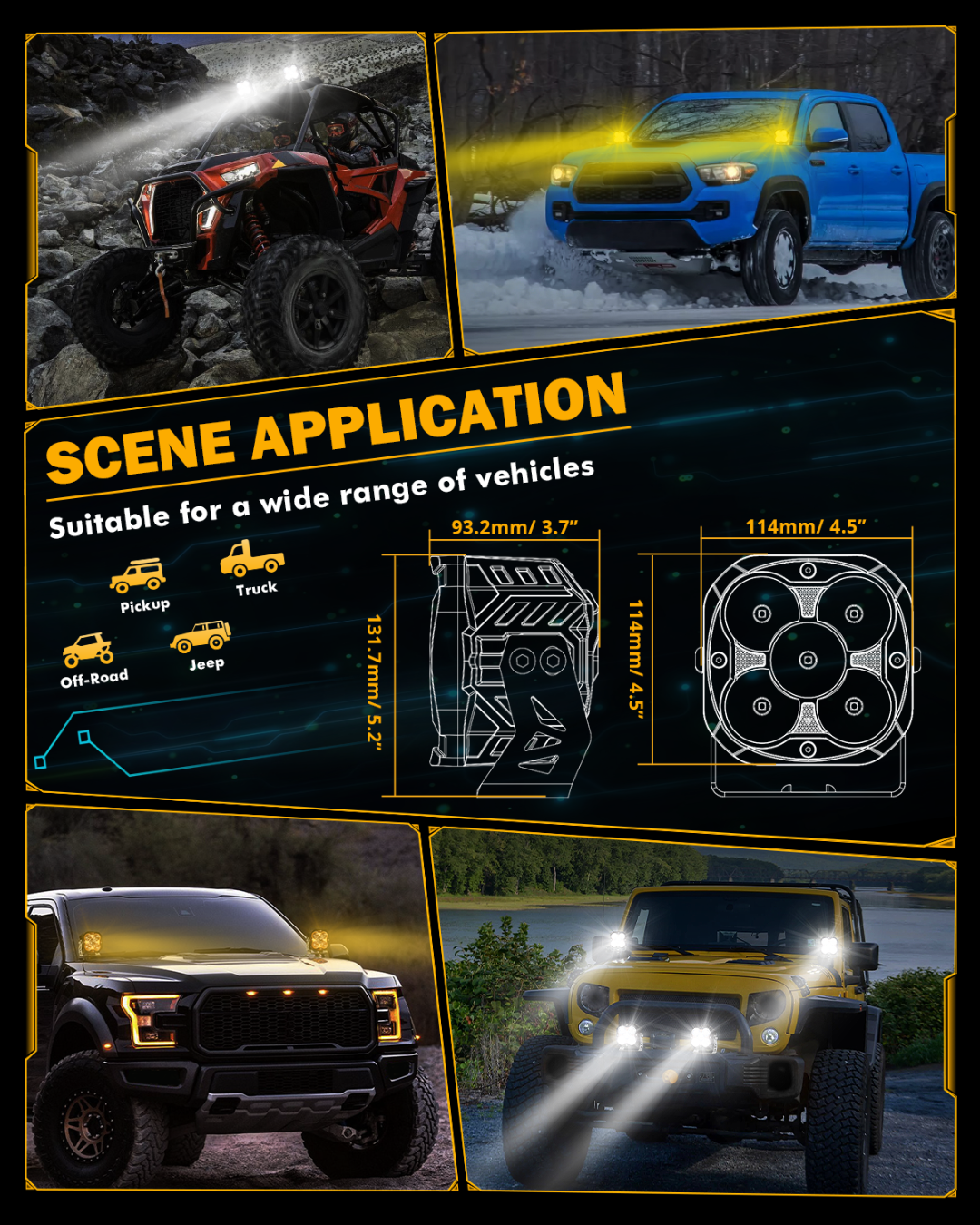 Auxbeam XP-ULTRA Series 4.5" LED Pod Lights – 128W, 15,200LM, Spot Beam, Amber DRL