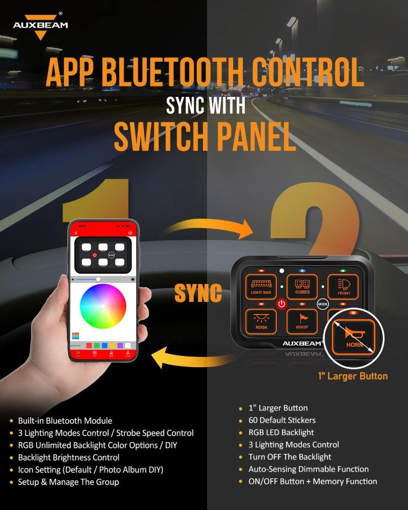 Auxbeam AR Series AR-600 6-Gang RGB Switch Panel – App Control, Toggle/Momentary/Pulsed, One-Side Output