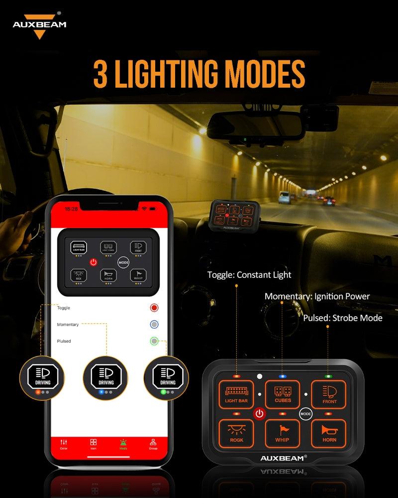 Auxbeam AR Series AR-600 6-Gang RGB Switch Panel – App Control, Toggle/Momentary/Pulsed, One-Side Output