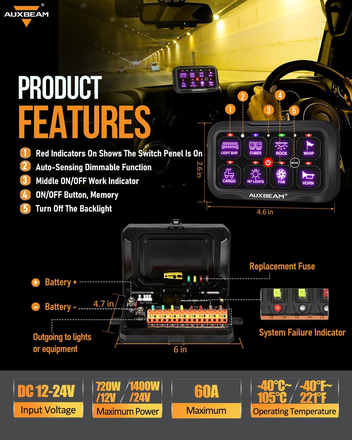 Auxbeam RC Series RC-800 RGB Switch Panel – Remote Control, Toggle/Momentary/Pulsed, One-Sided Outlet