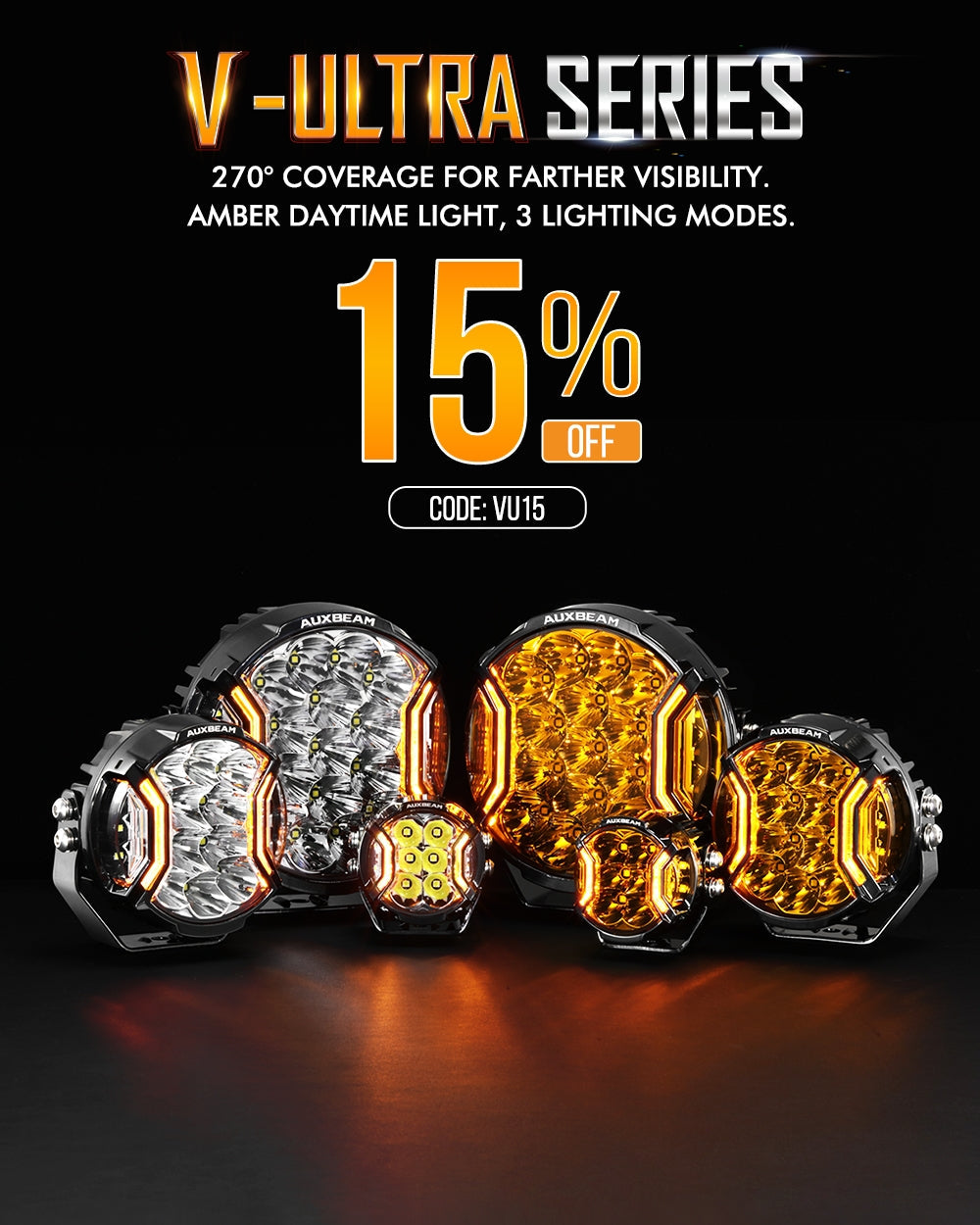 Auxbeam V-ULTRA Series LED Side Shooter Pods – 7", Amber/White, Amber DRL