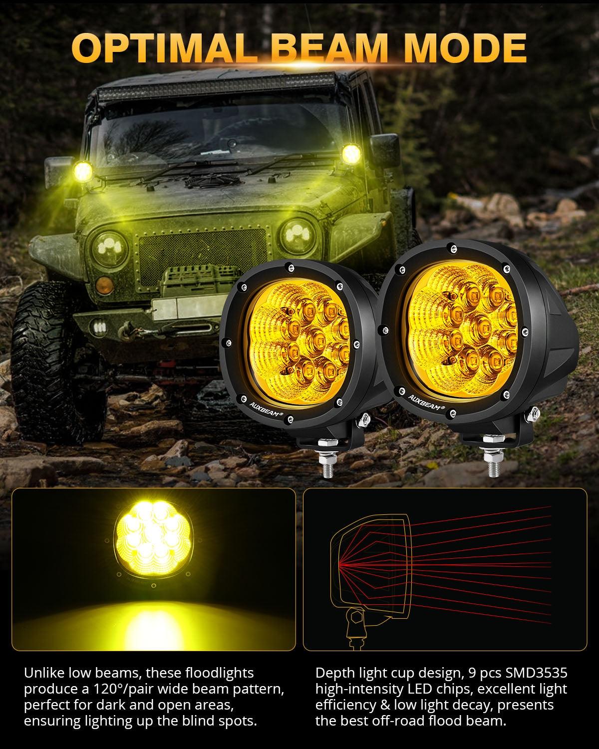 Auxbeam P4 Series 4" LED Driving Lights – 90W, 9,000LM, Amber Flood Beam
