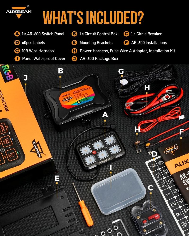Auxbeam AR Series AR-600 6-Gang RGB Switch Panel – App Control, Toggle/Momentary/Pulsed, One-Side Output