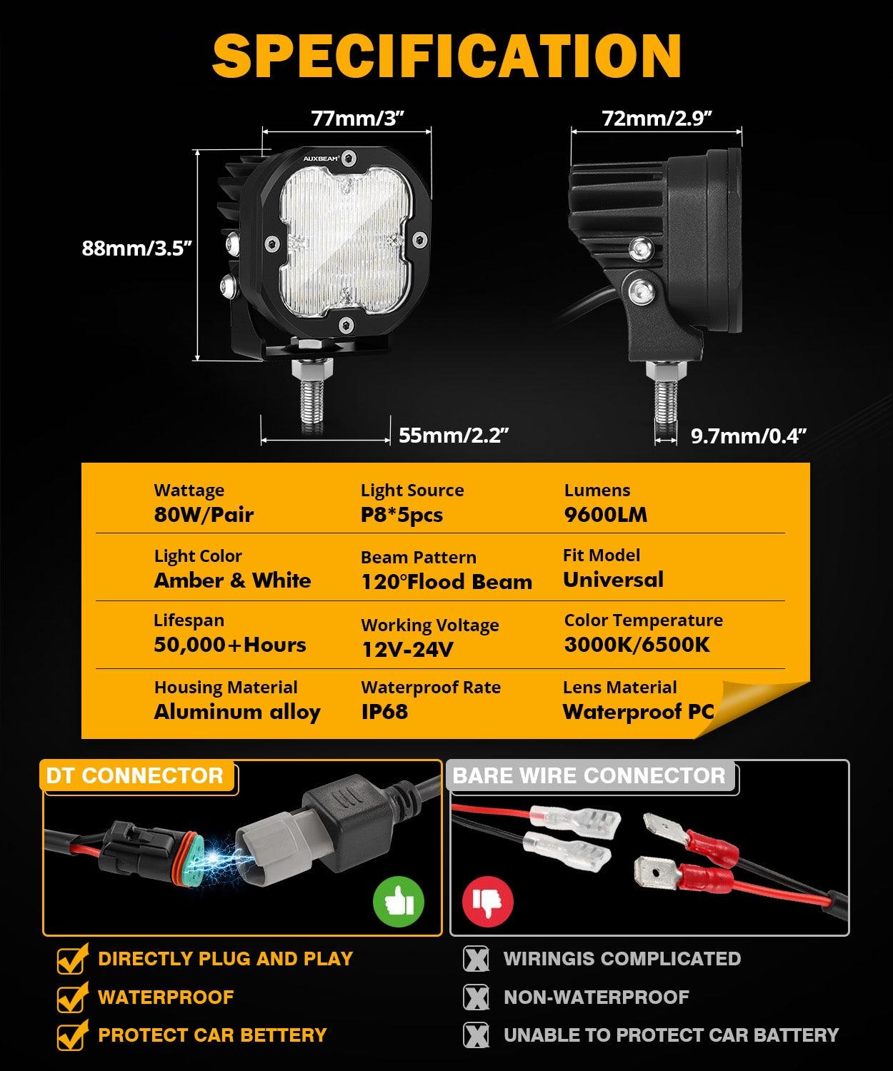 Auxbeam XP-ULTRA Series 3" LED Pods – 80W, Flood Beam, Amber & White