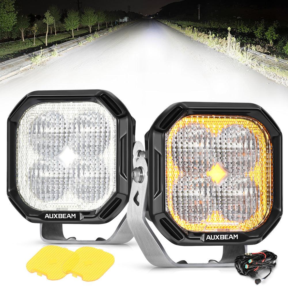Auxbeam Color Play Series 3" LED Pod Lights – 100W, Flood Beam, White DRL & Amber Turn Signal