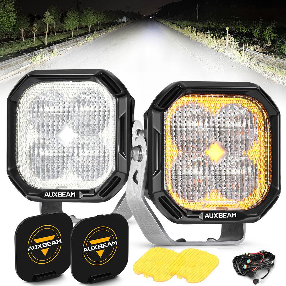 Auxbeam Color Play Series 3" LED Pod Lights – 100W, Flood Beam, White DRL & Amber Turn Signal