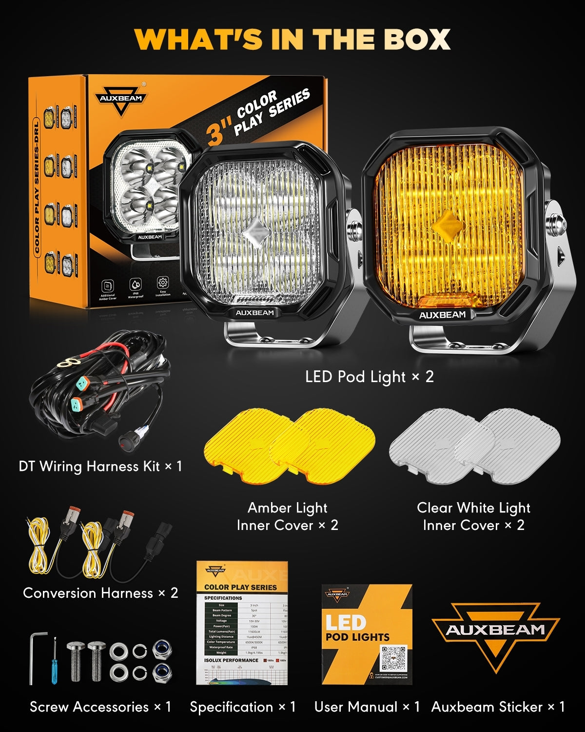 Auxbeam Color Play Series 3" LED Fog Lights – 100W, White DRL & Amber Turn Signal