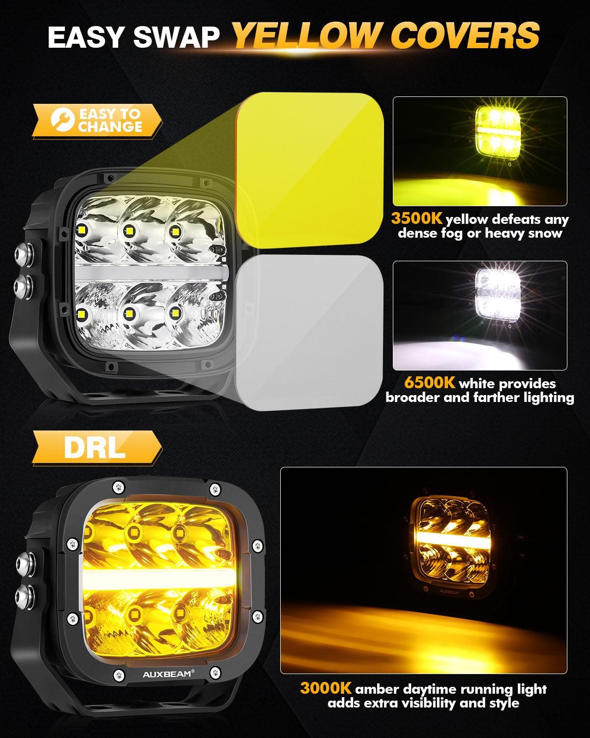 Auxbeam 5" LED Pod Lights – 132W, Amber DRL, with Power Harness (8PCS)