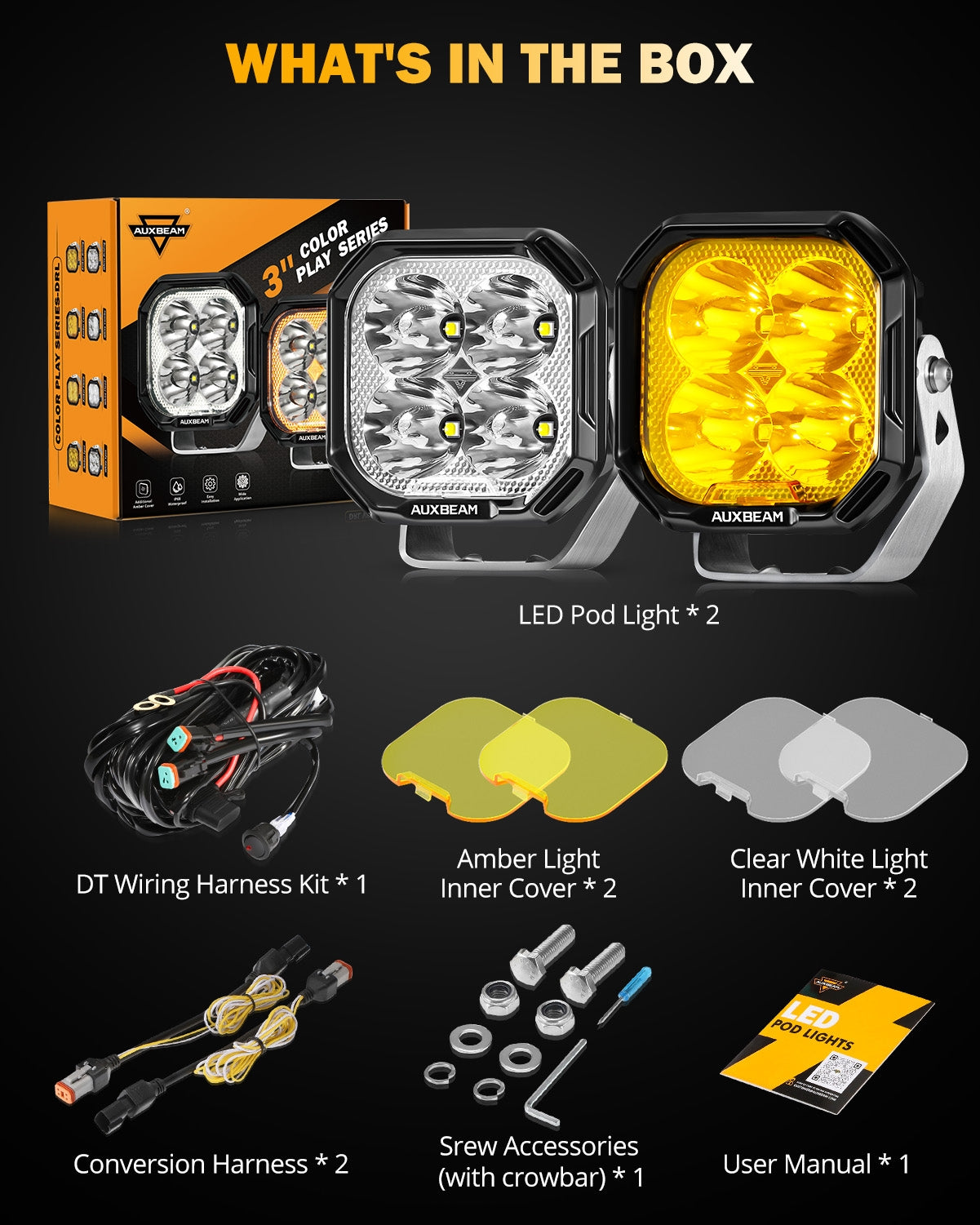 Auxbeam Color Play Series 3" LED Pod Lights – 100W, Spot Beam, White DRL & Amber Turn Signal