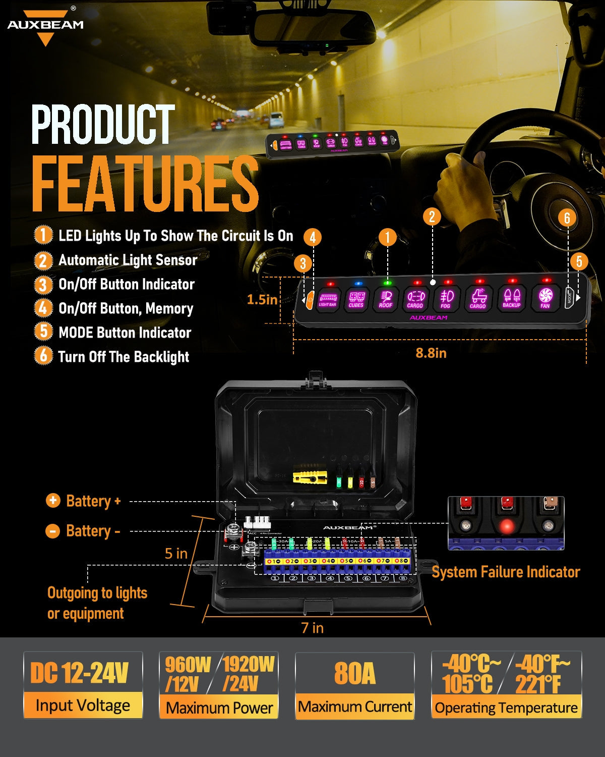 Auxbeam AS Series 8 Gang (AS-R80) RGB Slim Switch Panel, Toggle/ Momentary/ Pulsed Mode Supported(One-Sided Outlet)