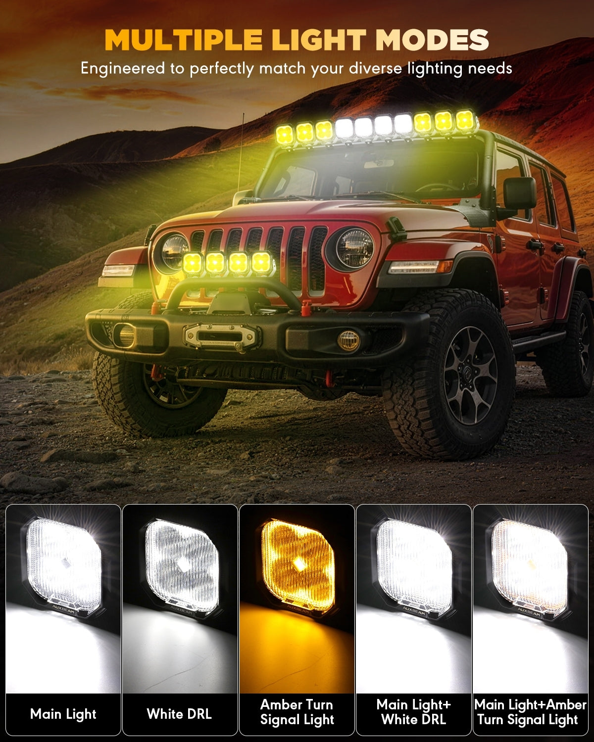 Auxbeam Color Play Series 3" LED Fog Lights – 100W, White DRL & Amber Turn Signal