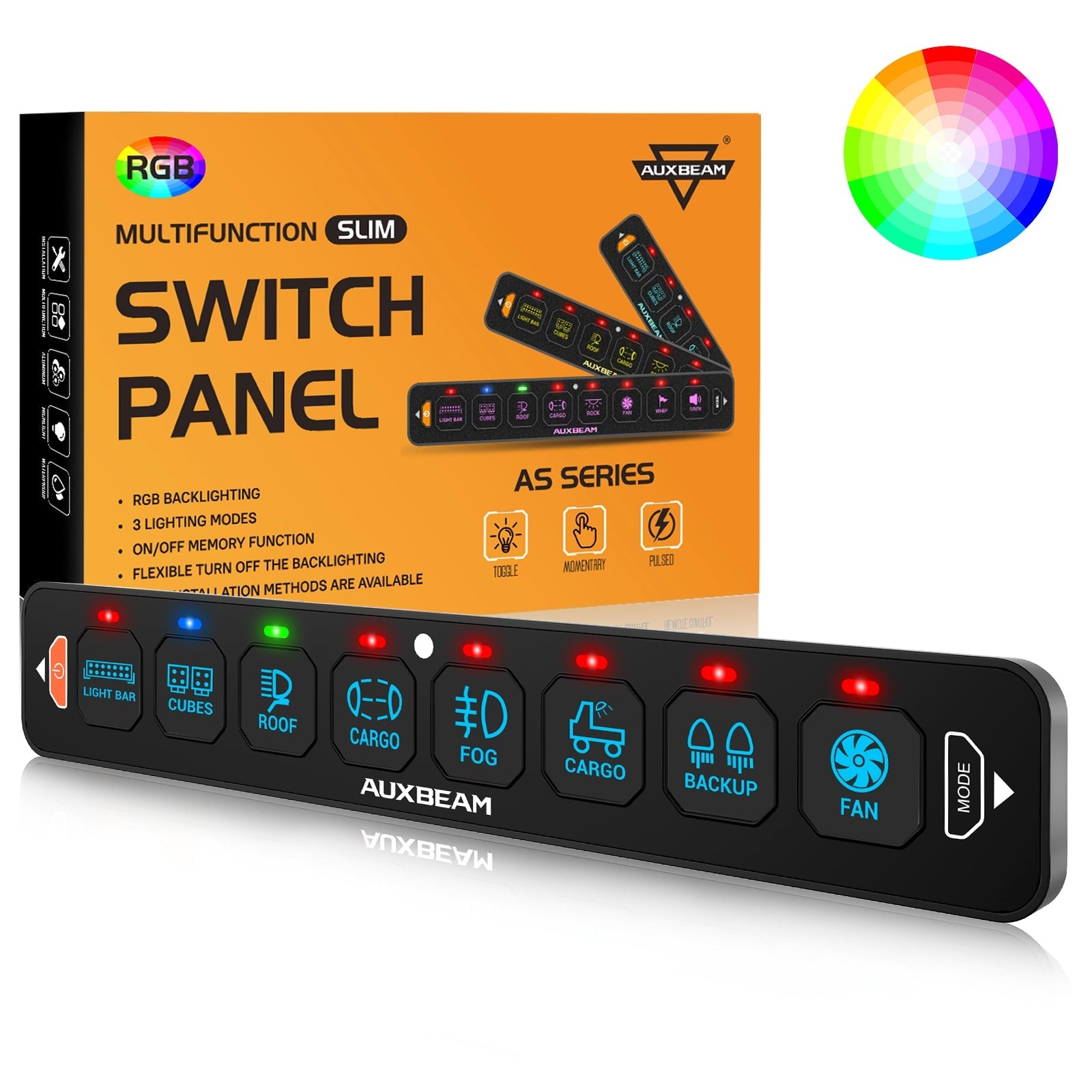 Auxbeam AS Series 4/6/8 Gang RGB Slim Switch Panel with APP & Remote Control, Toggle/ Momentary/ Pulsed Mode Supported(One-Sided Outlet)