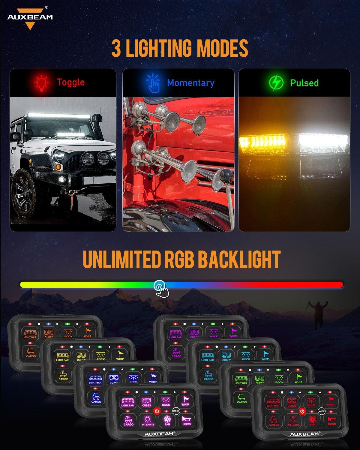 Auxbeam AC Series 8 Gang (AC-800) RGB Switch Panel with APP & Remote Control, Toggle/ Momentary/ Pulsed Mode Supported(One-Side Output)