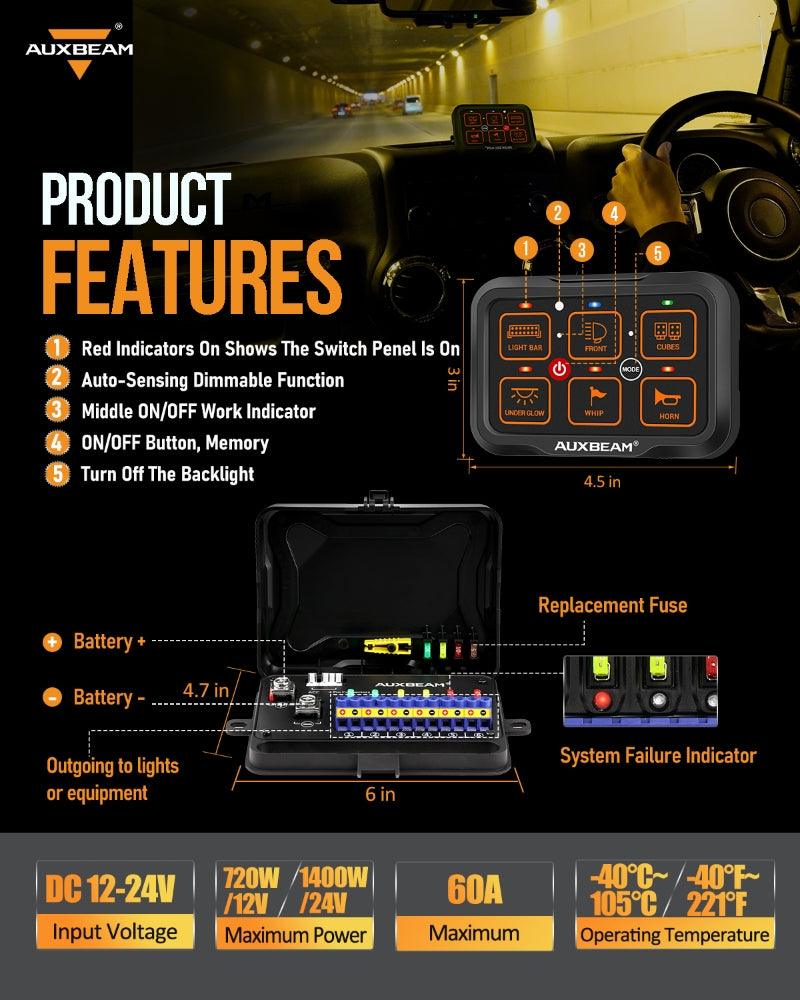 Auxbeam AR Series AR-600 6-Gang RGB Switch Panel – App Control, Toggle/Momentary/Pulsed, One-Side Output