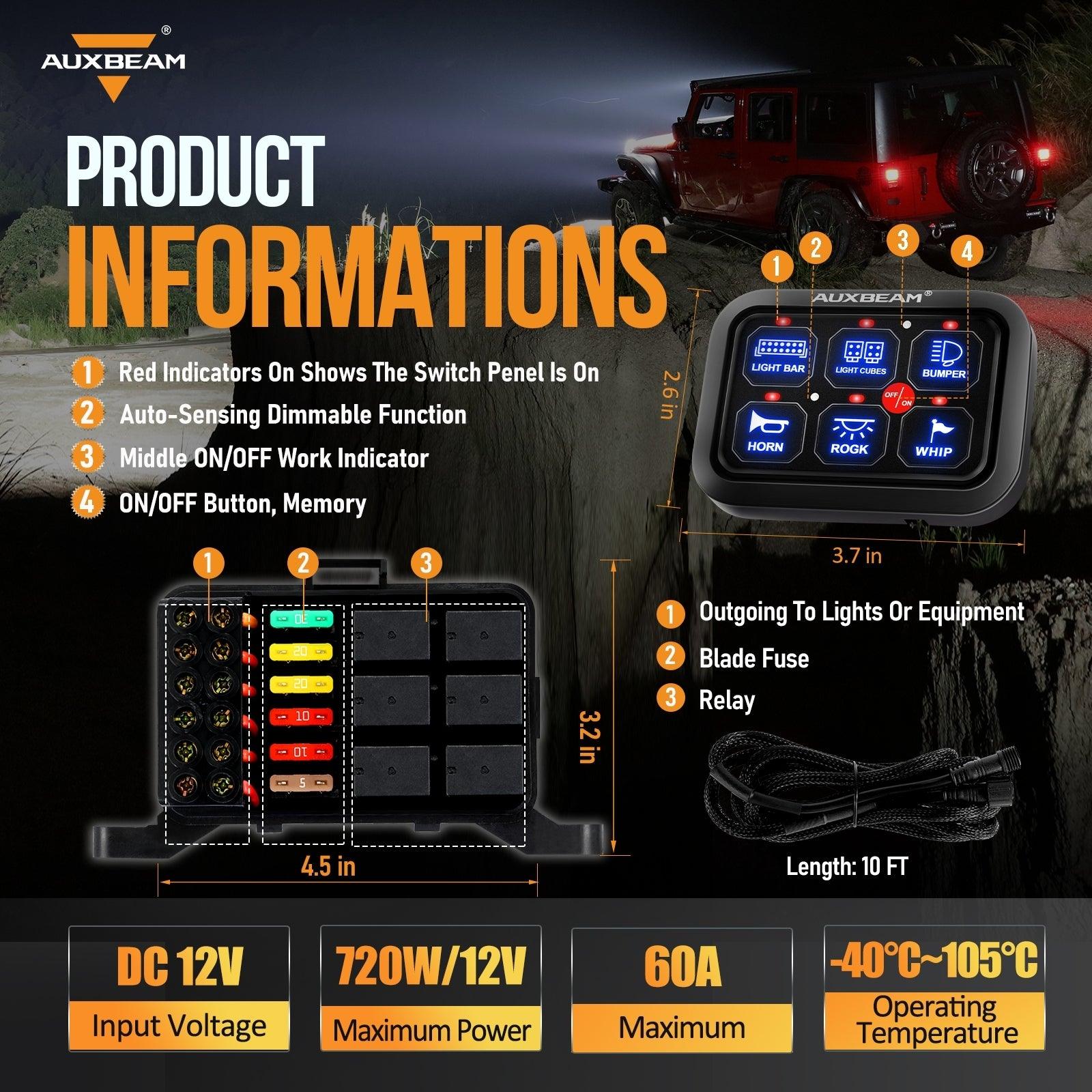 Auxbeam Single Series 6/8-Gang LED Switch Panel – Off-Road Light Controller
