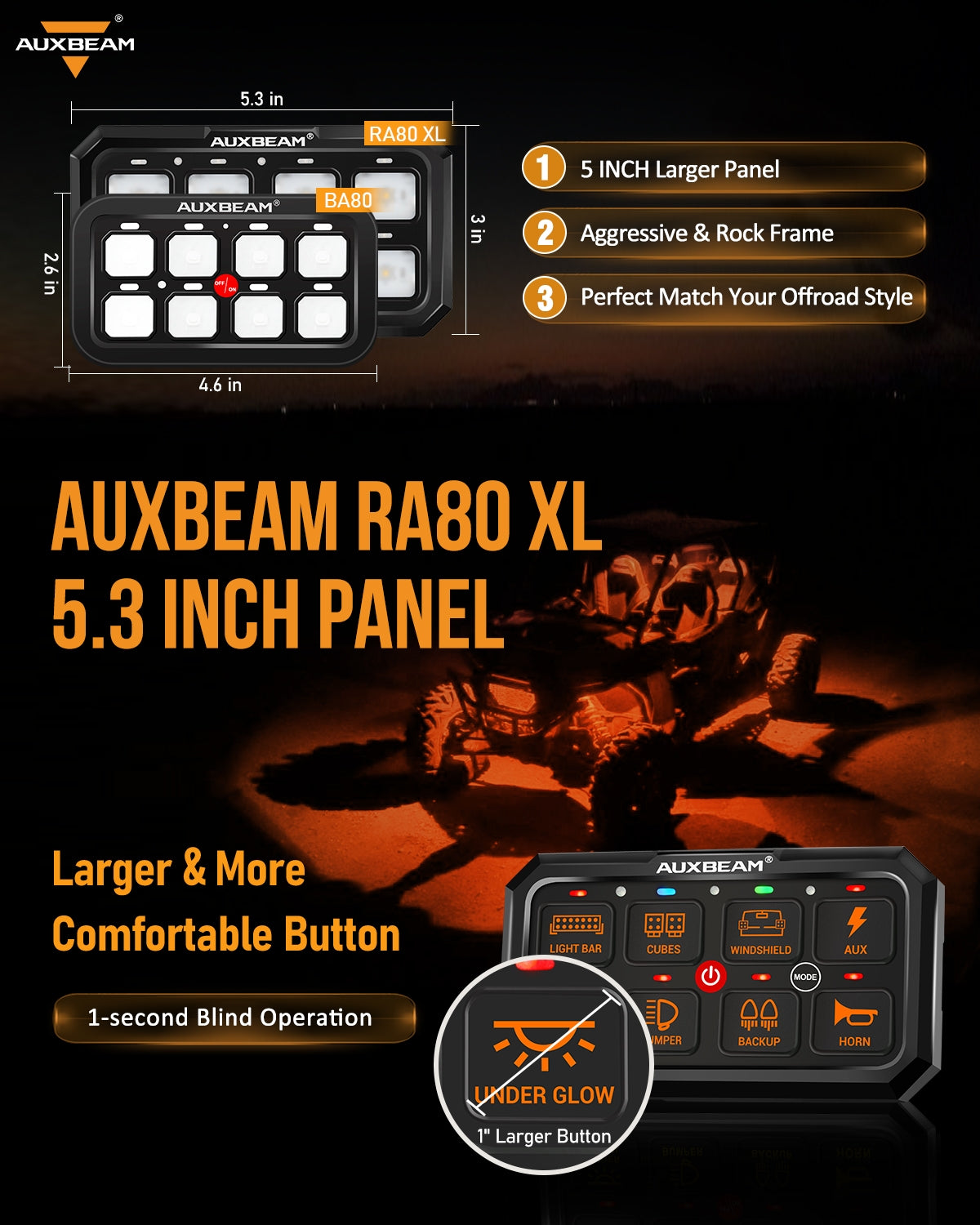 Auxbeam RGB Series RA80 XL 8-Gang Switch Panel – Larger Size, Toggle/Momentary/Pulsed Modes