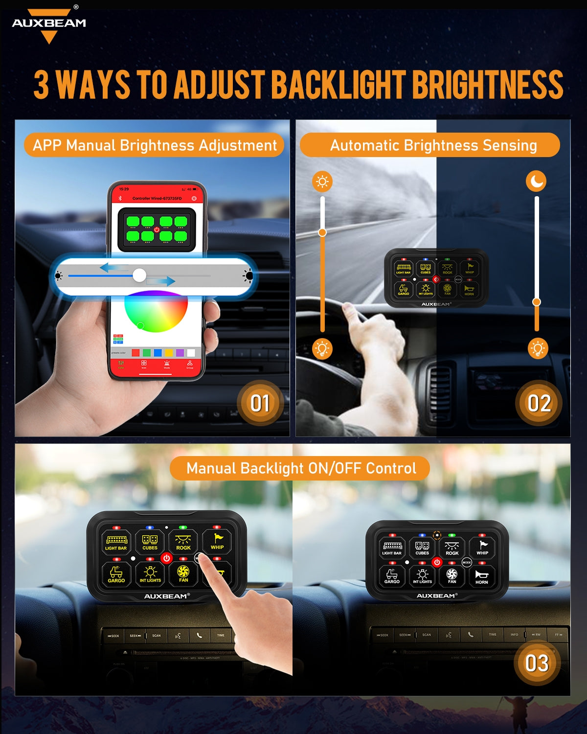 Auxbeam AR Series AR-820 8-Gang RGB Switch Panel – App Control, Toggle/Momentary/Pulsed, Two-Sided Outlet